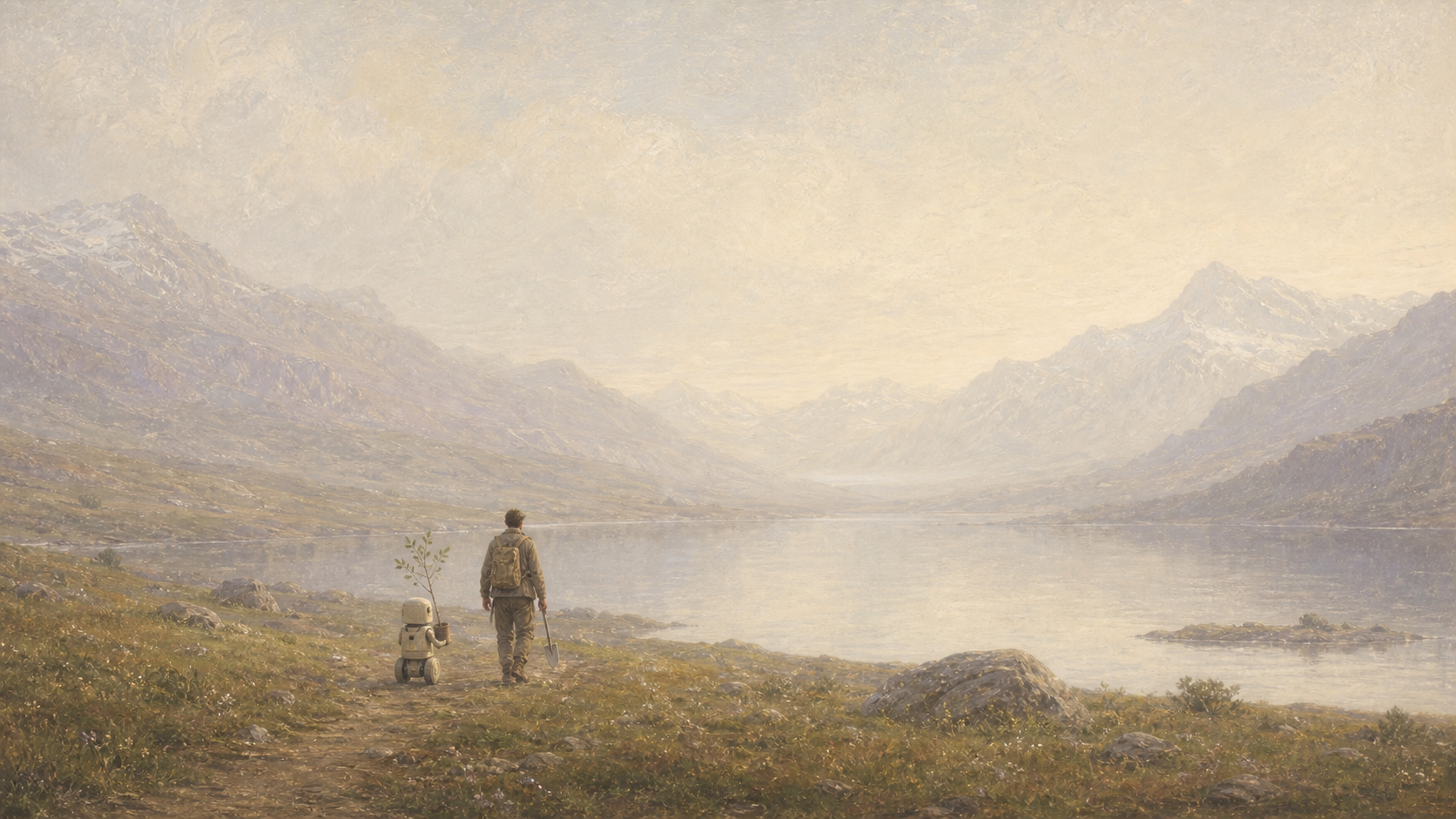 A traveler and a small robot beside a misty mountain lake
